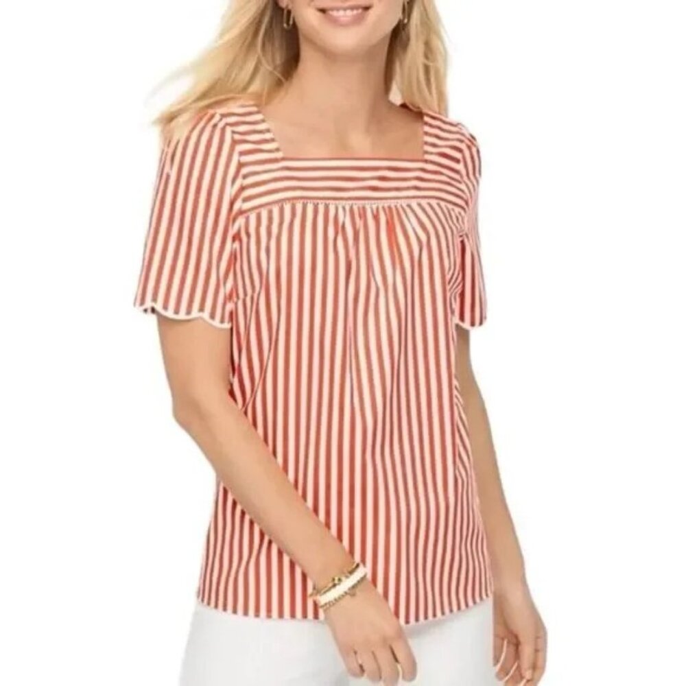 "NWT" Talbots Sailboat Stripe Embroidered Scallop Short Sleeve Square Neck- XS
